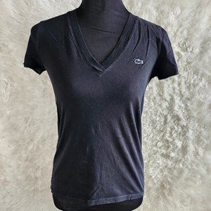 Lacoste Woman's Black V-Neck Crocodile Alligator T-Shirt Size 34